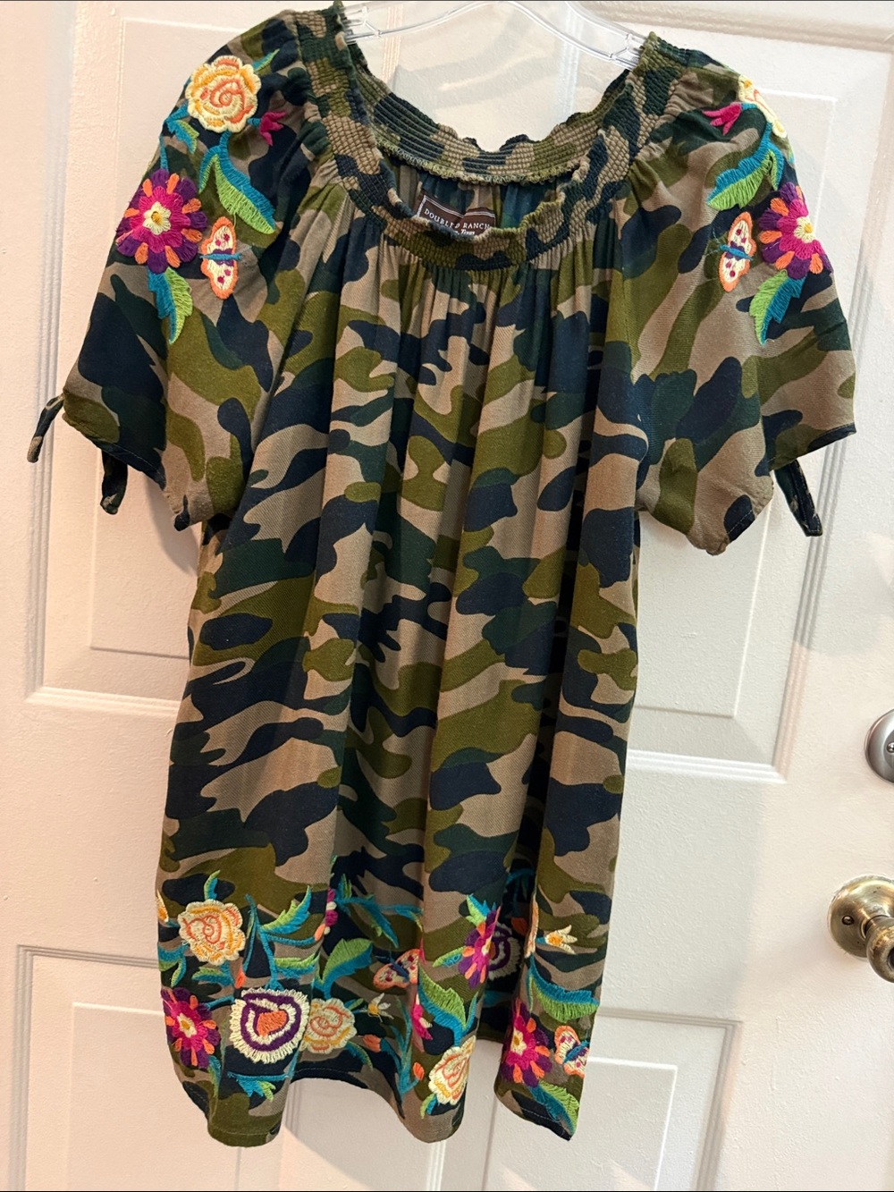 Double D Ranch Olive Green Camouflage Embroidered Off-Shoulder Top  XL